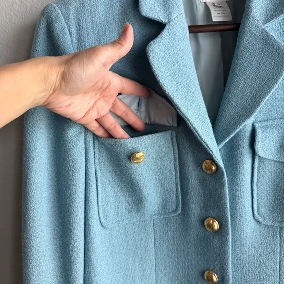 Neiman Marcus Wool Blend Light Blue Tweed Skirt Suit Luxury Blazer 8 Skirt 10 - Picture 3 of 16